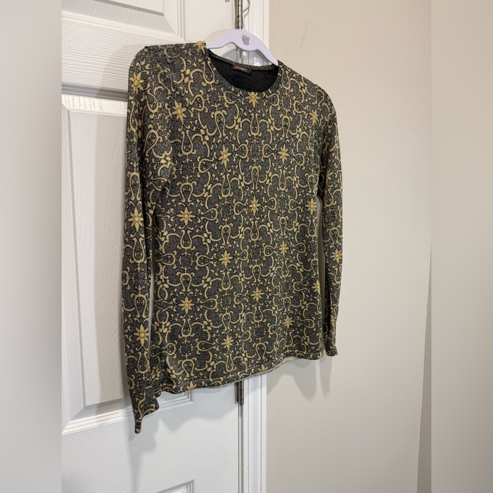 J.McLaughlin Sweater womens gold black metallic button sleeve floral